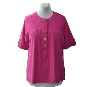 Charter Club Pink Utility Knit Top 1X Rose Henley Short Sleeve Roll Tab NWT